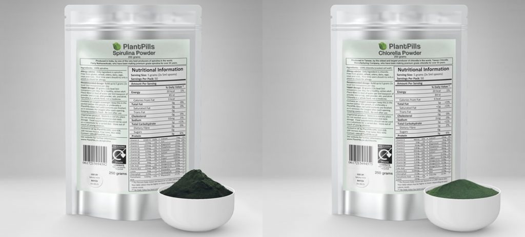 PlantPills Spirulina and Chlorella powders