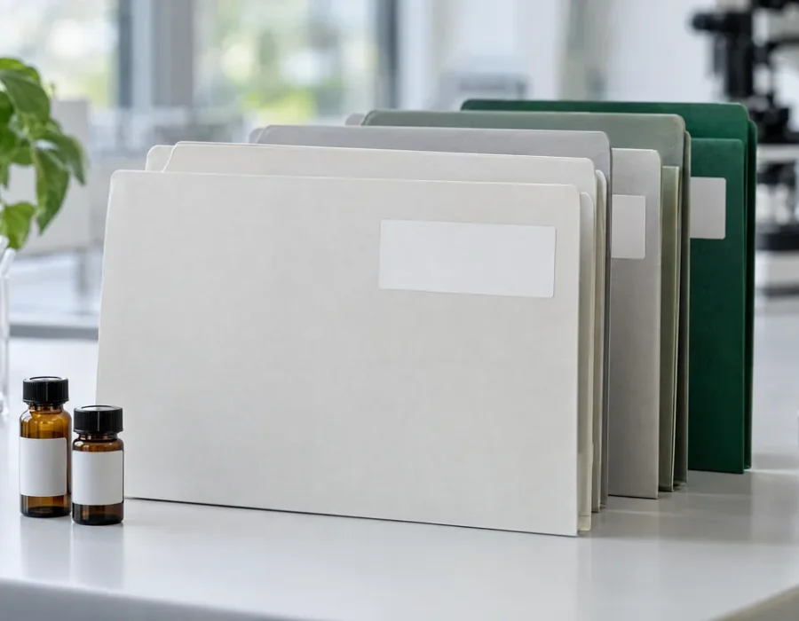 Archived report folders and sample bottles on a laboratory bench