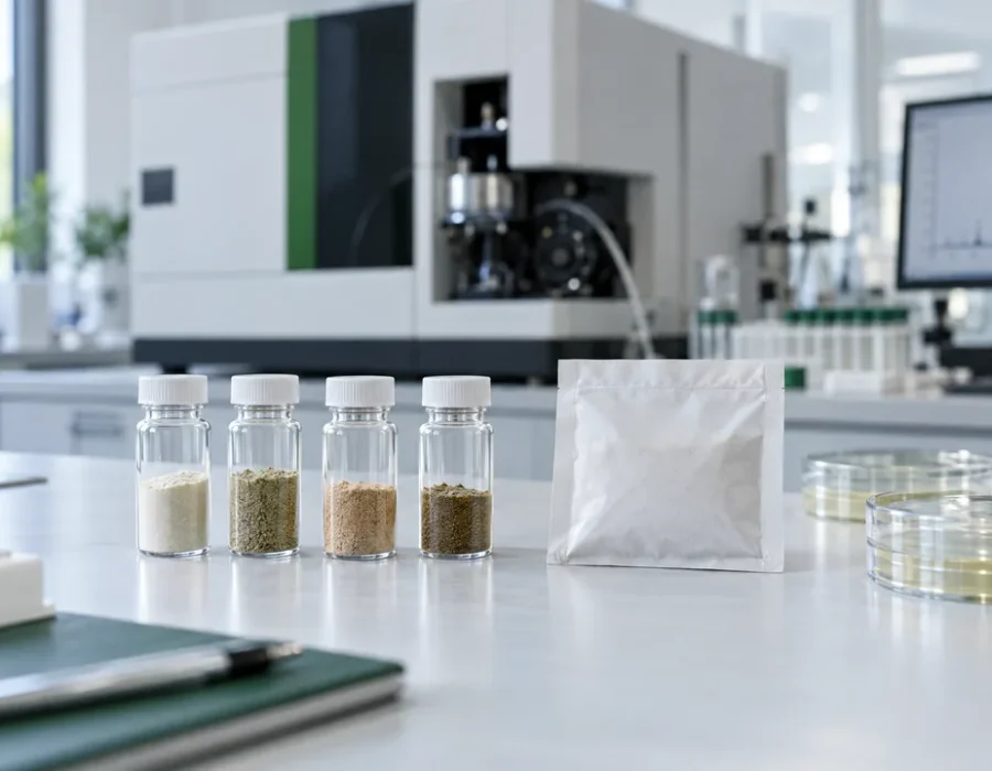 Supplement powder samples beside analytical laboratory equipment