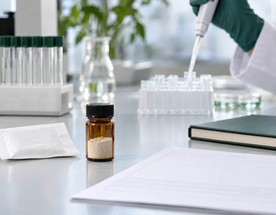 Supplement sample and laboratory glassware beside a report